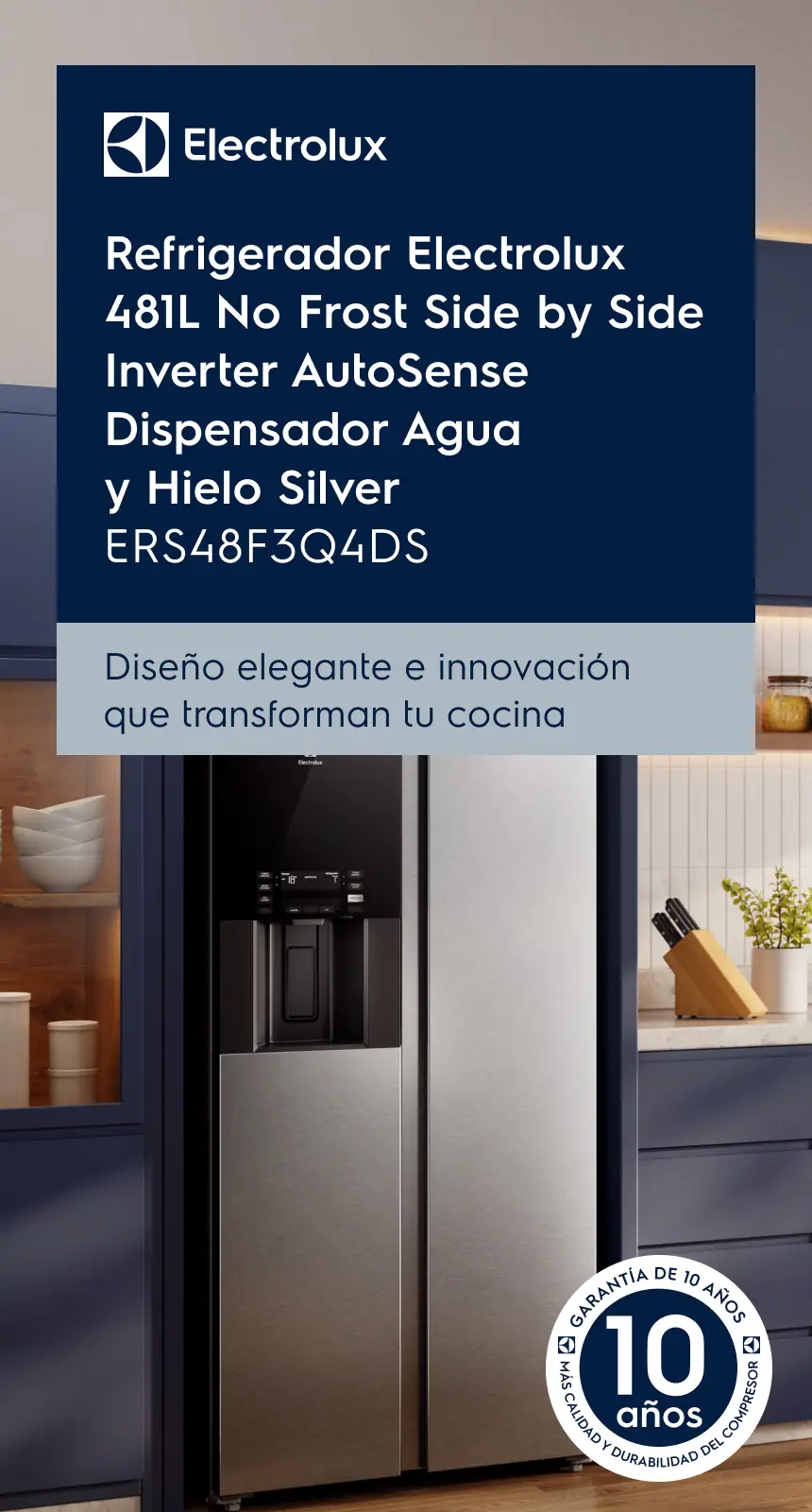Refrigerador Electrolux 481L No Frost Side by Side Inverter AutoSense Dispensador Agua y Hielo Silver ERS48F3Q4DS - Diseño elegante e innovación que transforman tu cocina