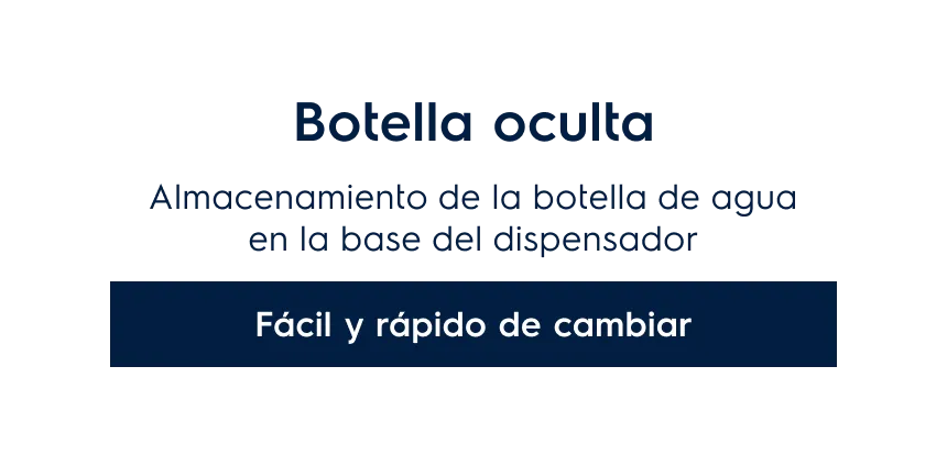 Botella oculta. Almacenamiento de la botella de agua en la base del dispensador. Fácil y rápido de cambiar
