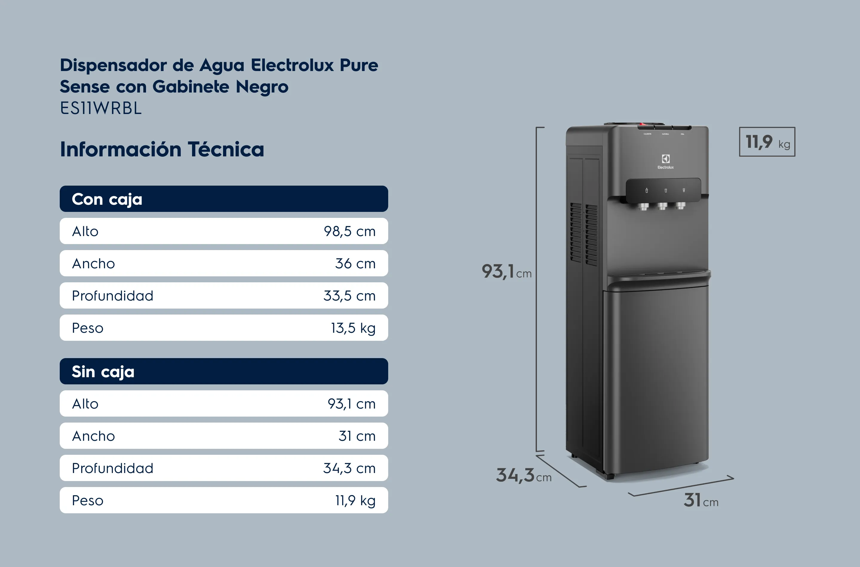 Dispensador de Agua Electrolux Pure Sense con Gabinete Negro ES11WRBL.Información Técnica.
