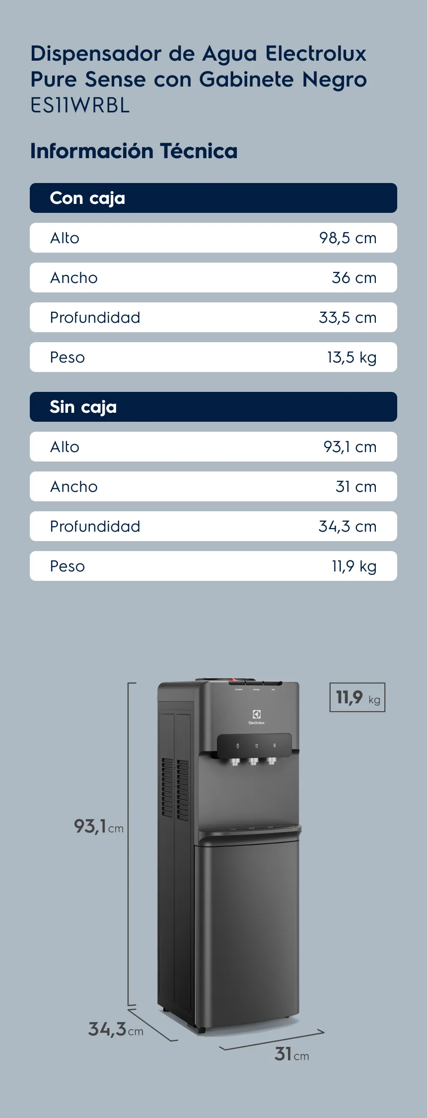 Dispensador de Agua Electrolux Pure Sense con Gabinete Negro ES11WRBL.Información Técnica.