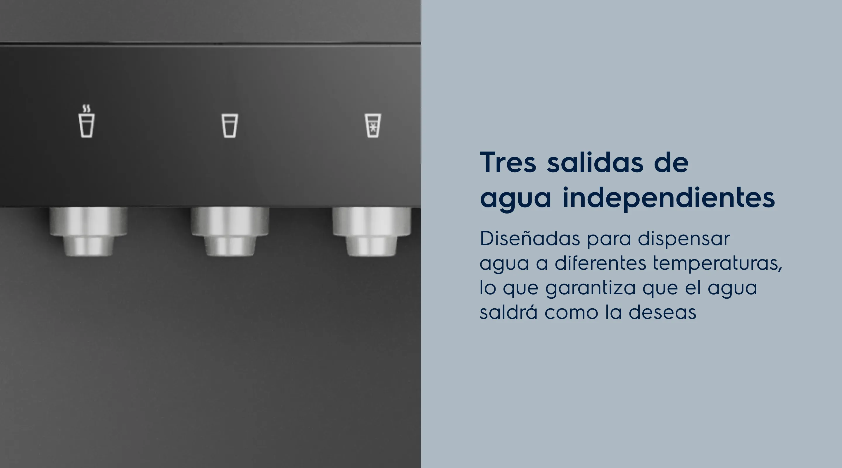 Tres salidas de agua independientes. Diseñadas para dispensar agua a diferentes temperaturas, lo que garantiza que el agua saldrá como la deseas