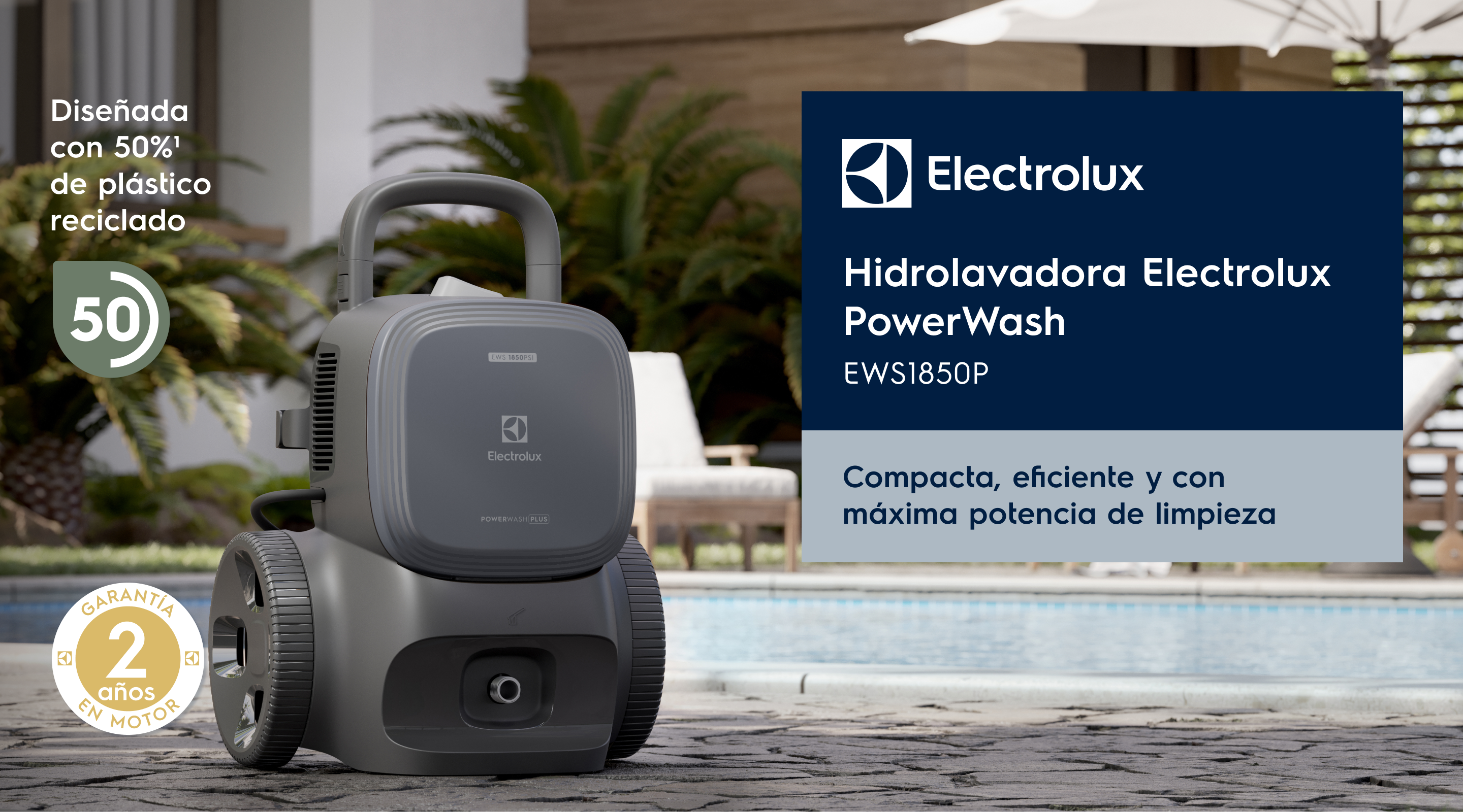 Diseñada con un 50%1 de plástico reciclado. Hidrolavadora Electrolux PowerWash - EWS1850P - Compacta, eficiente y con máxima potencia de limpieza