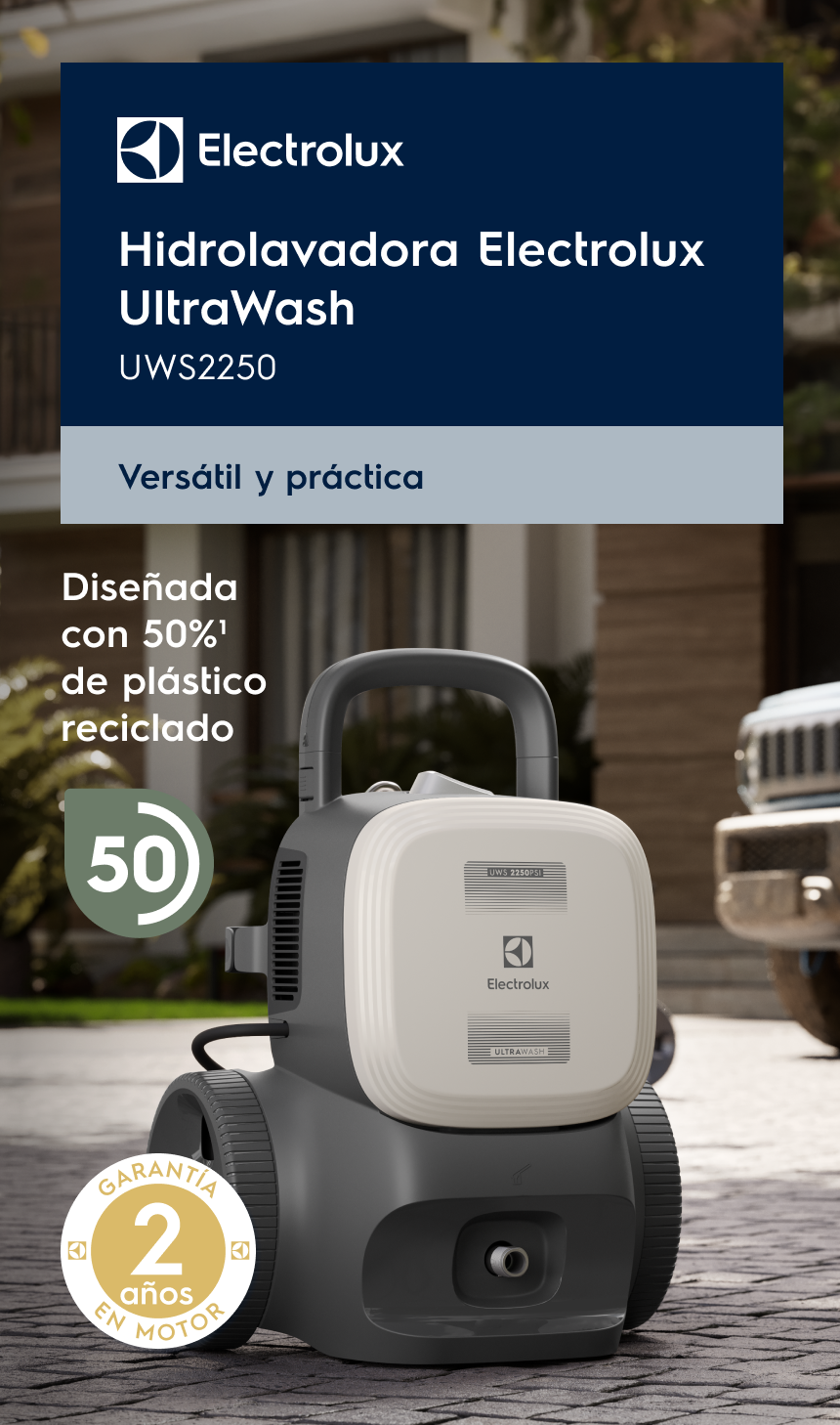Diseñada con un 50%1 de plástico reciclado. Hidrolavadora Electrolux PowerWash - EWS1850P - Compacta, eficiente y con máxima potencia de limpieza