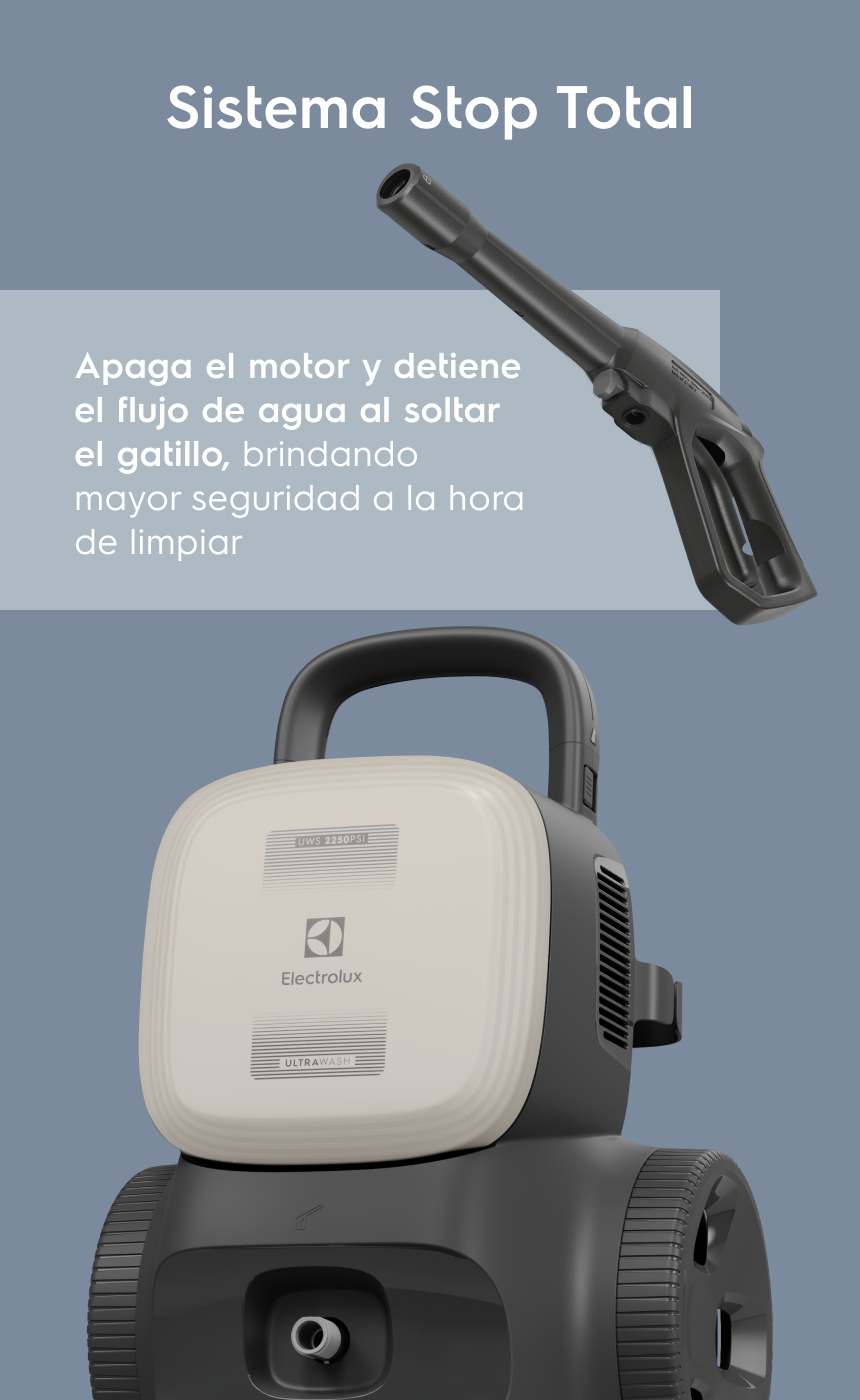 Sistema Stop Total - Apaga el motor y detiene el flujo de agua al soltar el gatillo, brindando mayor seguridad a la hora de limpiar