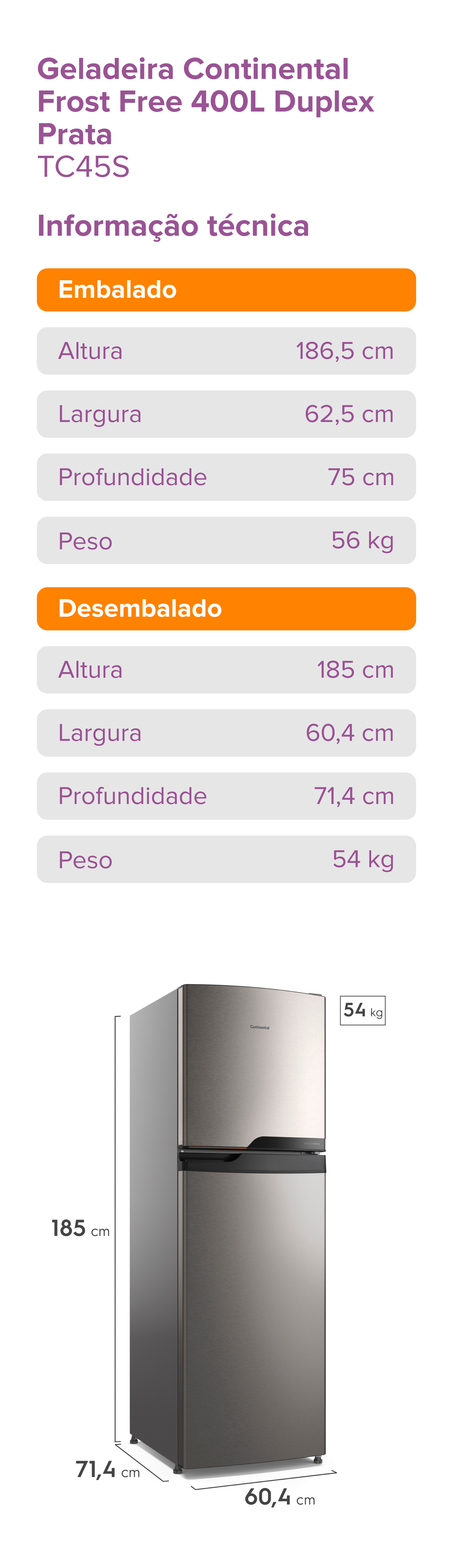 Geladeira Continental Frost Free 400L Duplex Prata (TC45S