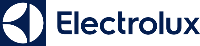 Logo electrolux que lembra vagamente um triângulo lateral com cantos abertos. Seus dois lados são semilunos, um é reto. A figura está localizada em um círculo branco, que por sua vez é colocado em um quadrado. Abaixo está o nome da empresa de engenharia elétrica, escrito em letras pequenas.