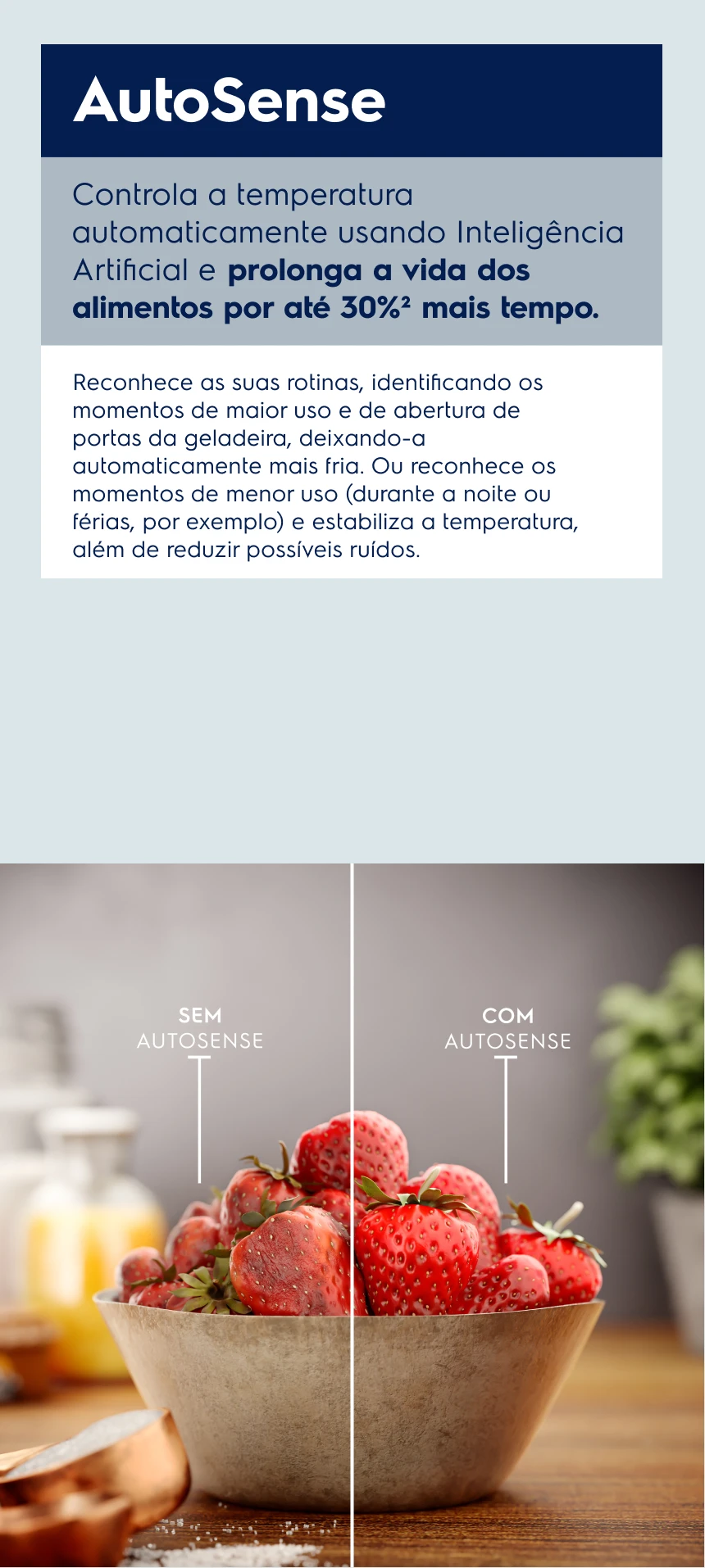 AutoSense Controla a temperatura automaticamente usando Inteligência Artificial e prolonga a vida dos alimentos por até 30%2 mais tempo. Reconhece as suas rotinas, identificando os momentos de maior uso e de abertura de portas da geladeira, deixando-a automaticamente mais fria. Ou reconhece os momentos de menor uso (durante a noite ou férias, por exemplo) e estabiliza a temperatura, além de reduzir possíveis ruídos.