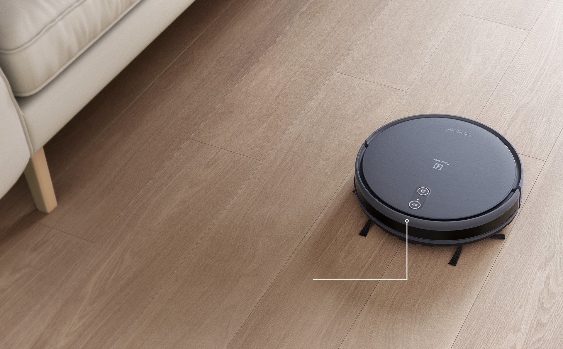 Robô aspirador Electrolux sobre piso de madeira