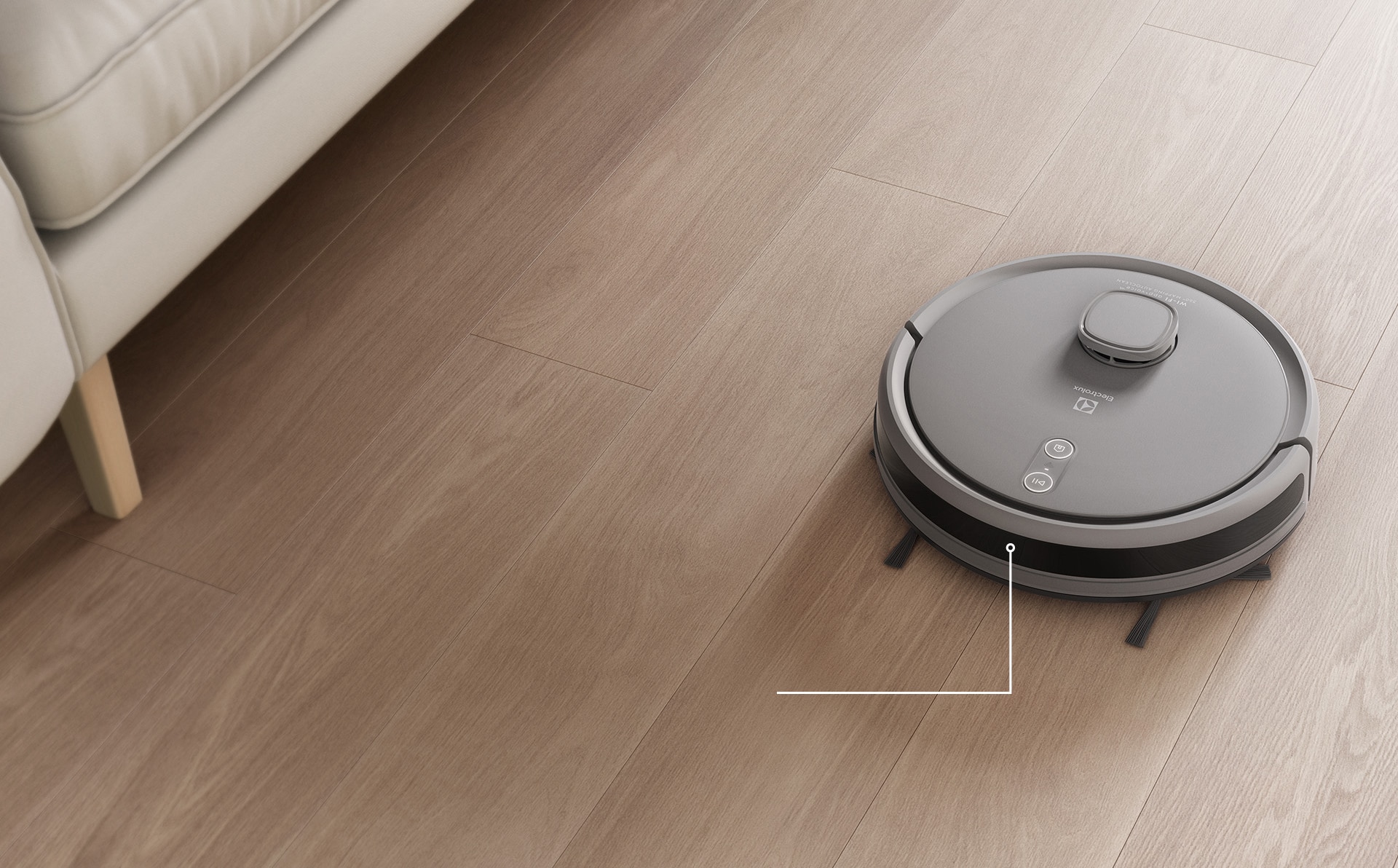 Robô aspirador Electrolux sobre piso de madeira