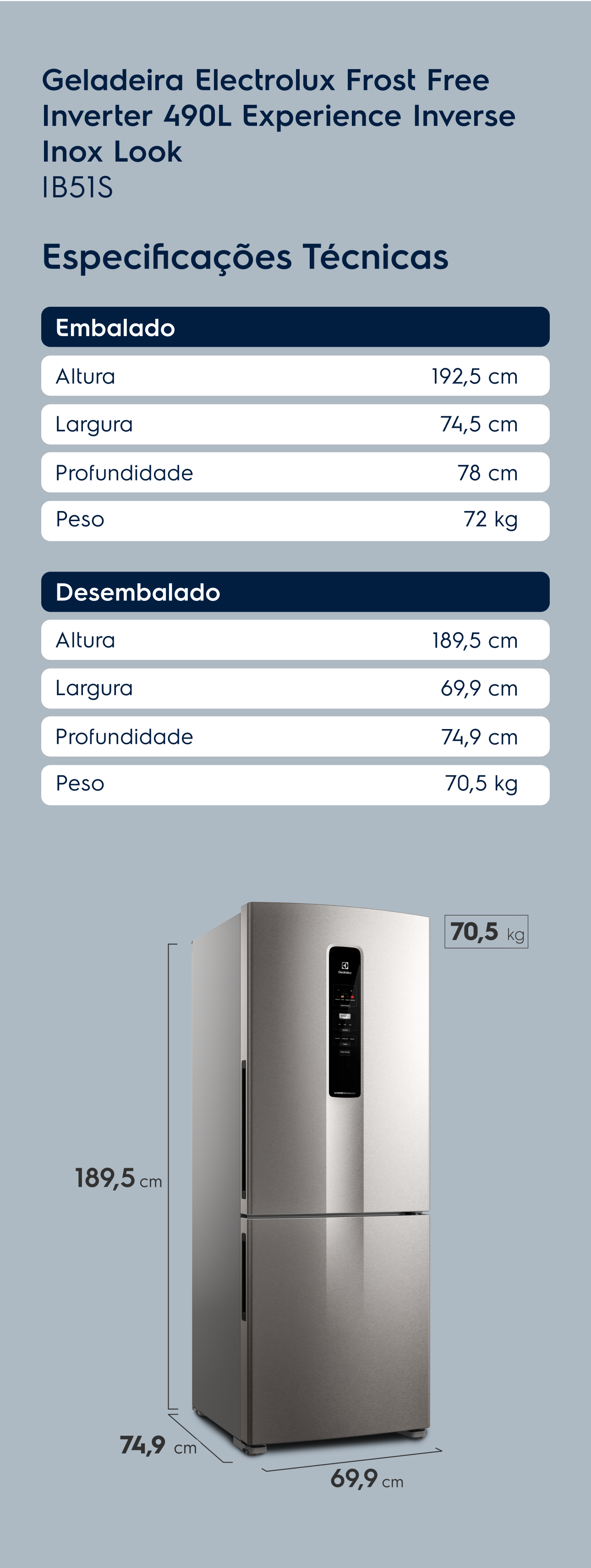 Geladeira Electrolux Frost Free Inverter 490L Inox