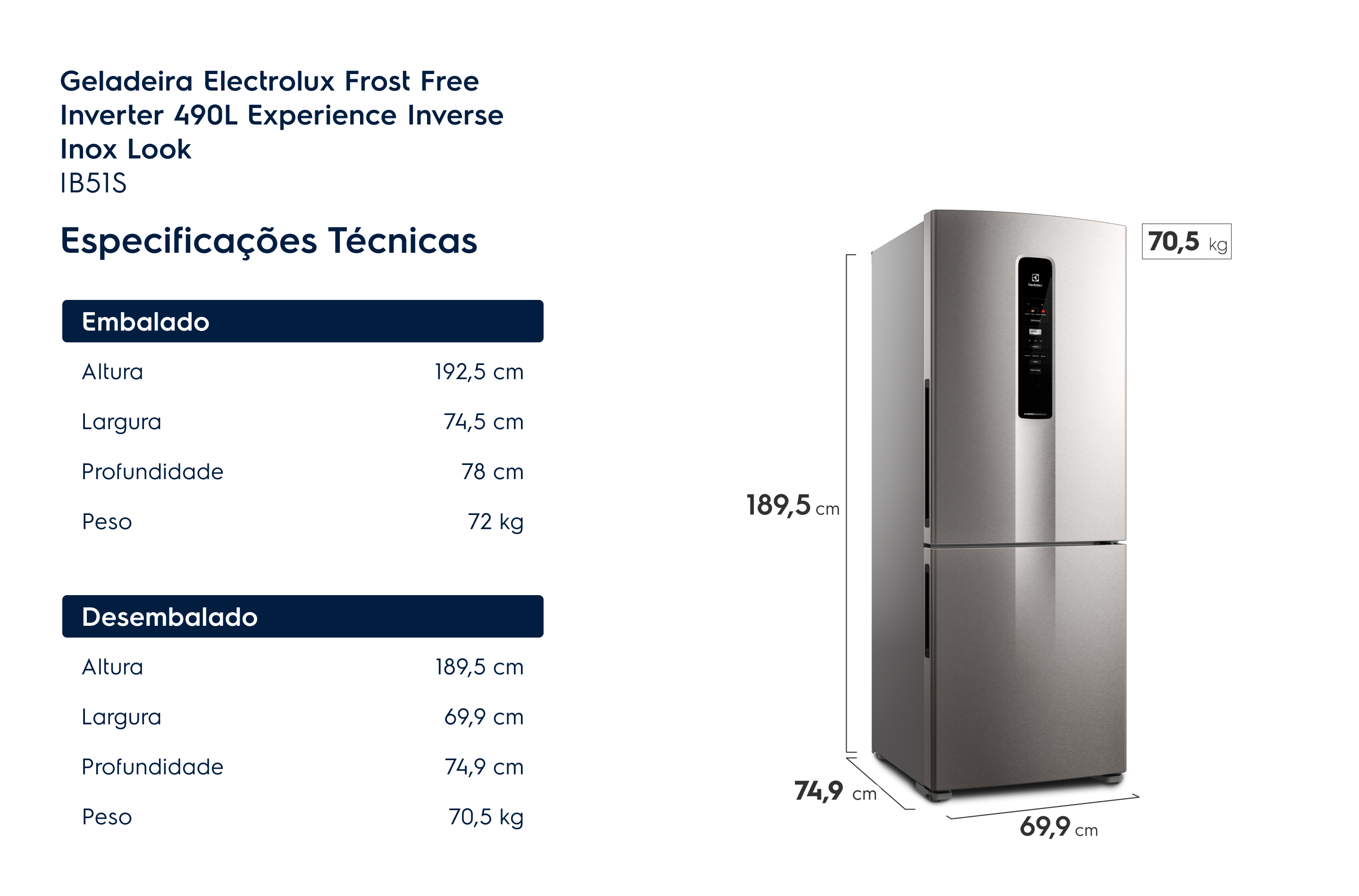 Especificações técnicas Geladeira Electrolux IB51S