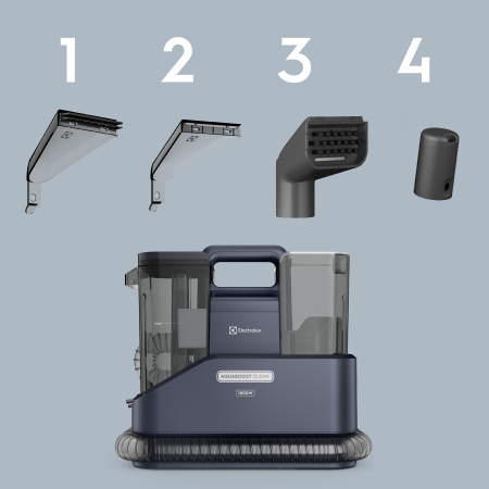 Acessórios inclusos. Conte com um kit completo para cada superfície da casa: 1. Bocal para estofados; 2. Acessório para limpar vidros; 3. Bocal 3 em 1; 4. Bocal autolimpeza