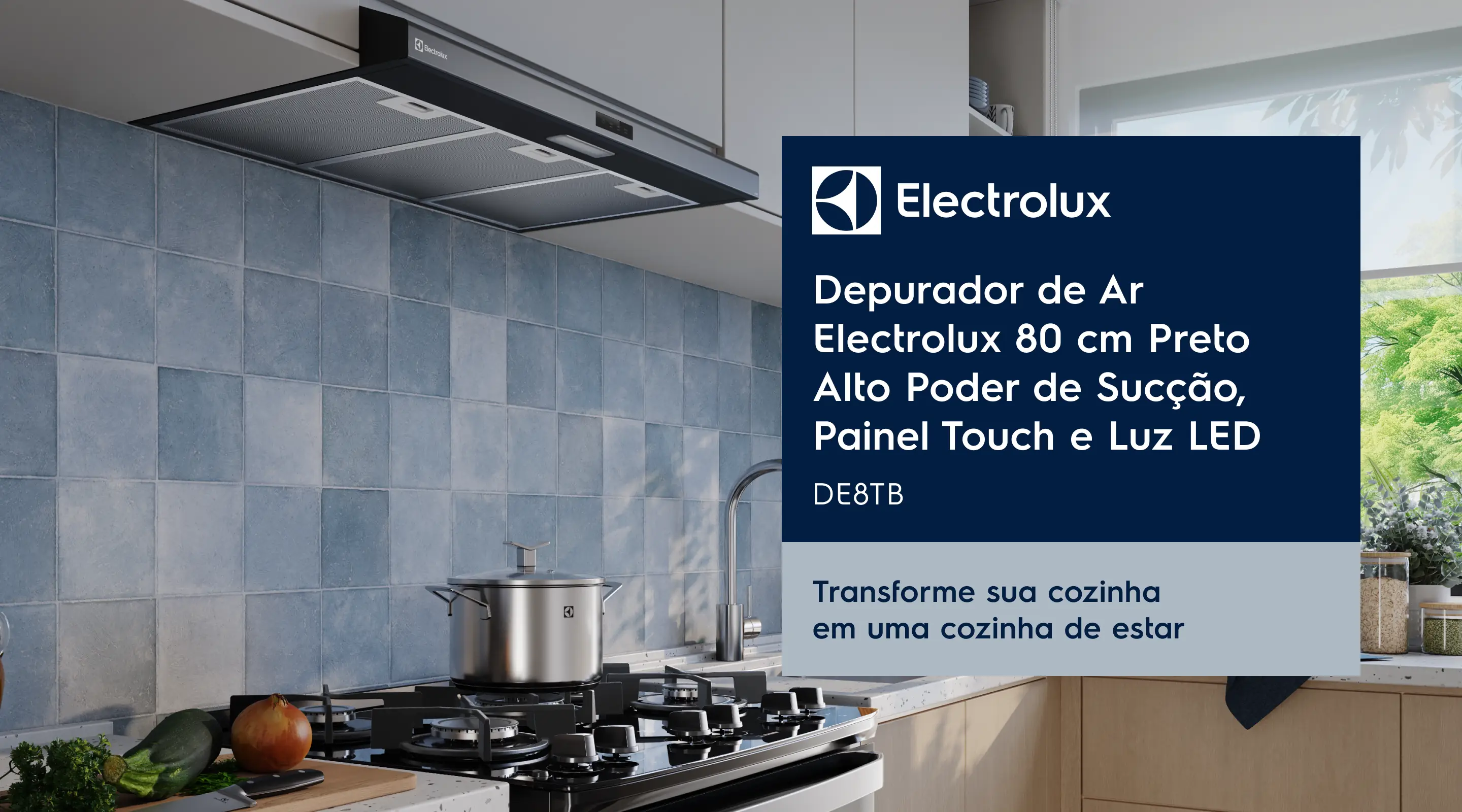 Depurador de Ar Electrolux 80 cm Preto Alto Poder de Sucção, Painel Touch e Luz LED DE8TB - Transforme sua cozinha em uma cozinha de estar