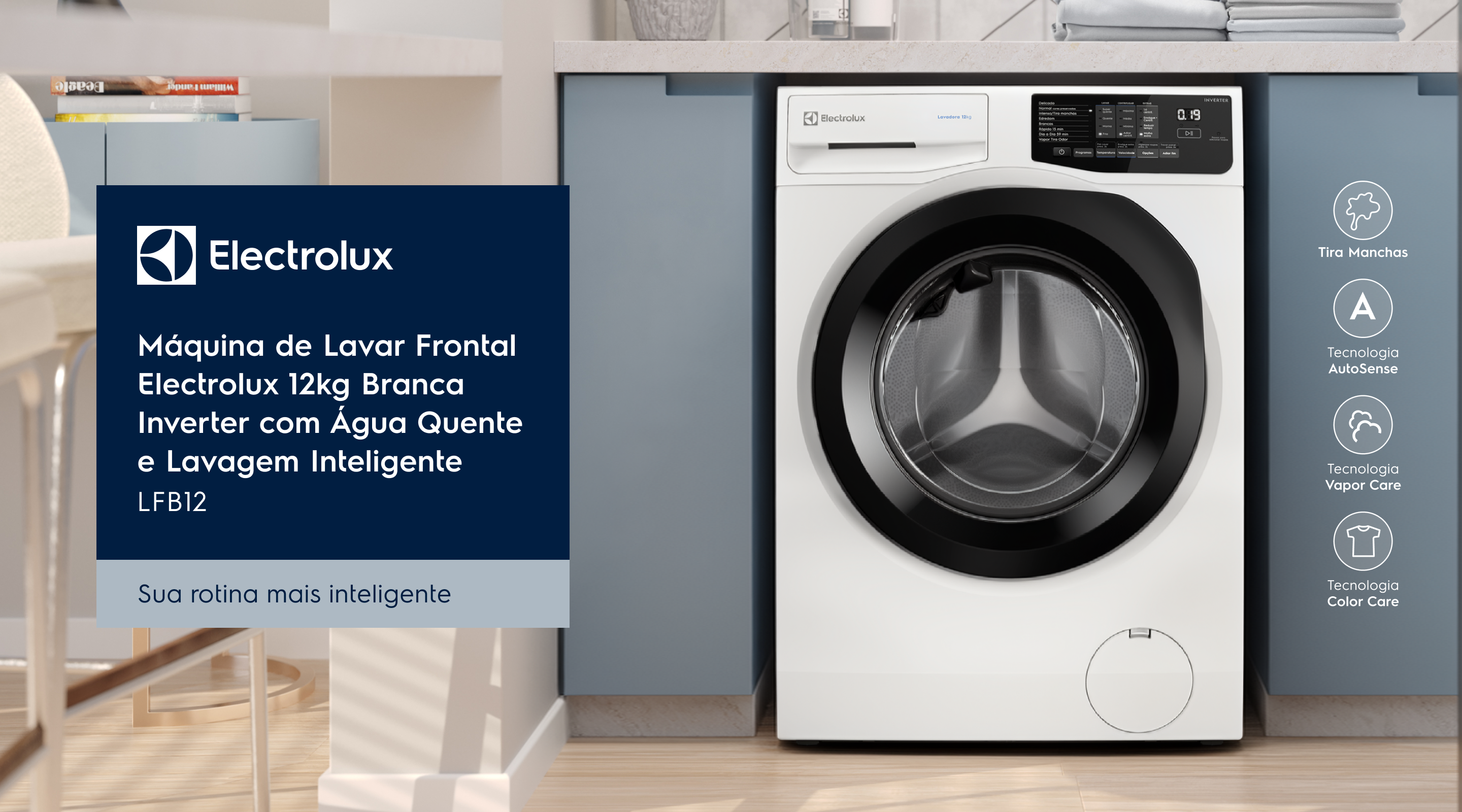 ELECTROLUX - Máquina de Lavar Frontal Electrolux 12kg Branca Inverter com Água Quente e Lavagem Inteligente - LFB12 / Sua rotina mais inteligente