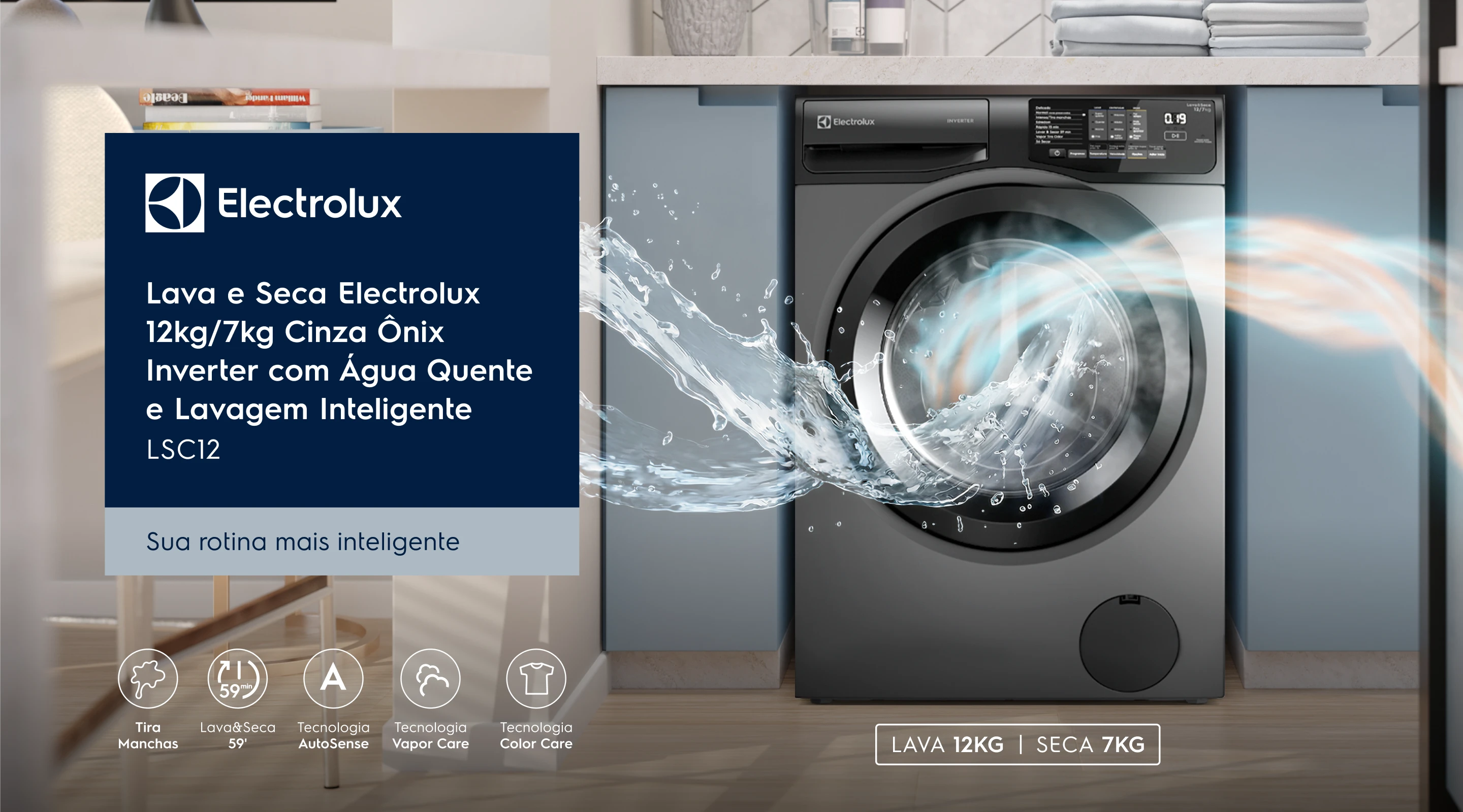 ELECTROLUX - Lava e Seca Electrolux 12kg/7kg Branca Inverter com Água Quente e Lavagem Inteligente - LSC12 / Sua rotina mais inteligente