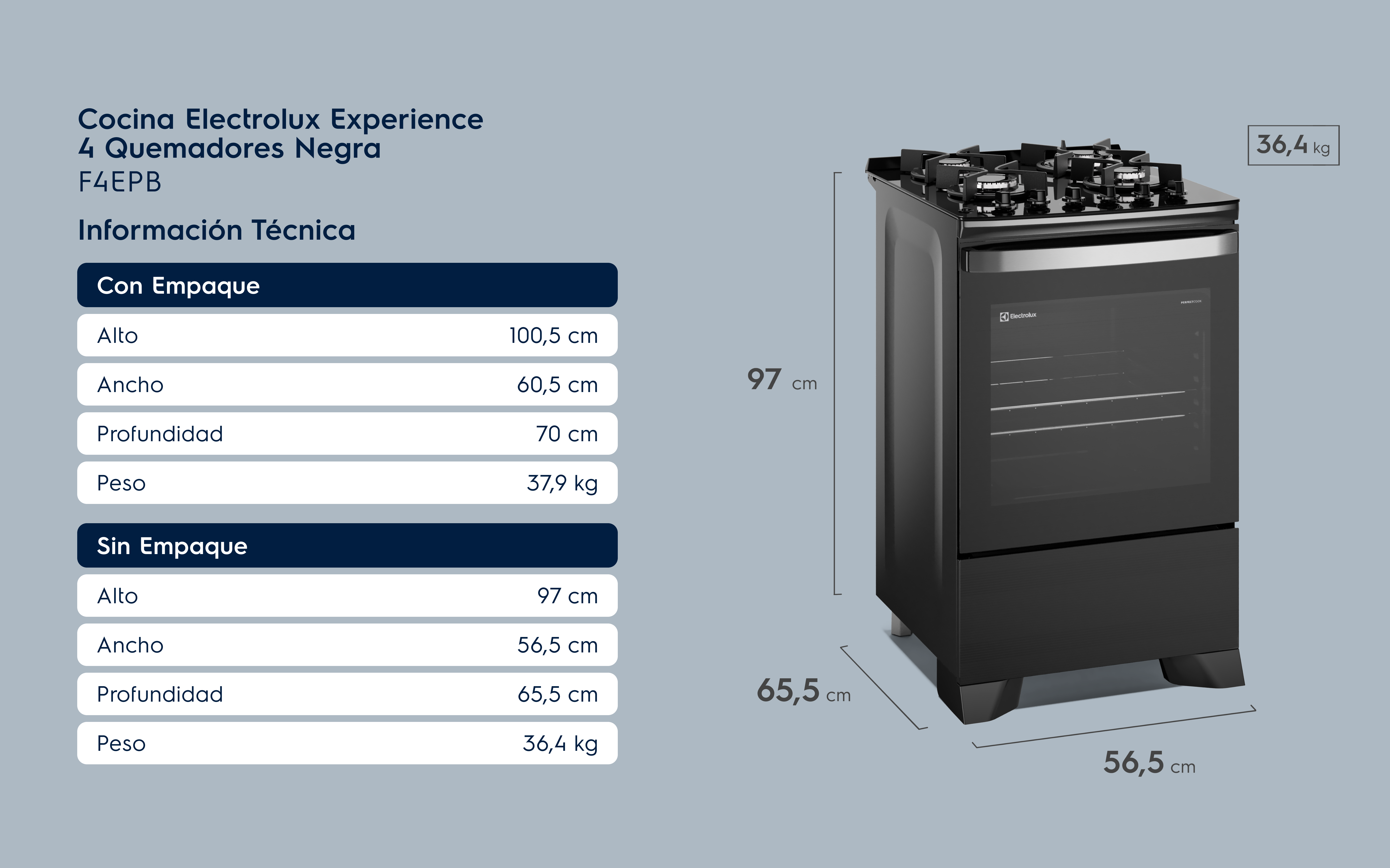Cocina Electrolux Experience 4 Quemadores Negra F4EPB Información Técnica Con Empaque Alto 100,5 cm Ancho 60,5 cm Profundidad 70 cm Peso 37,9 kg Sin Empaque Alto 97 cm Ancho 56,5 cm Profundidad 65,5 cm Peso 36,4 kg