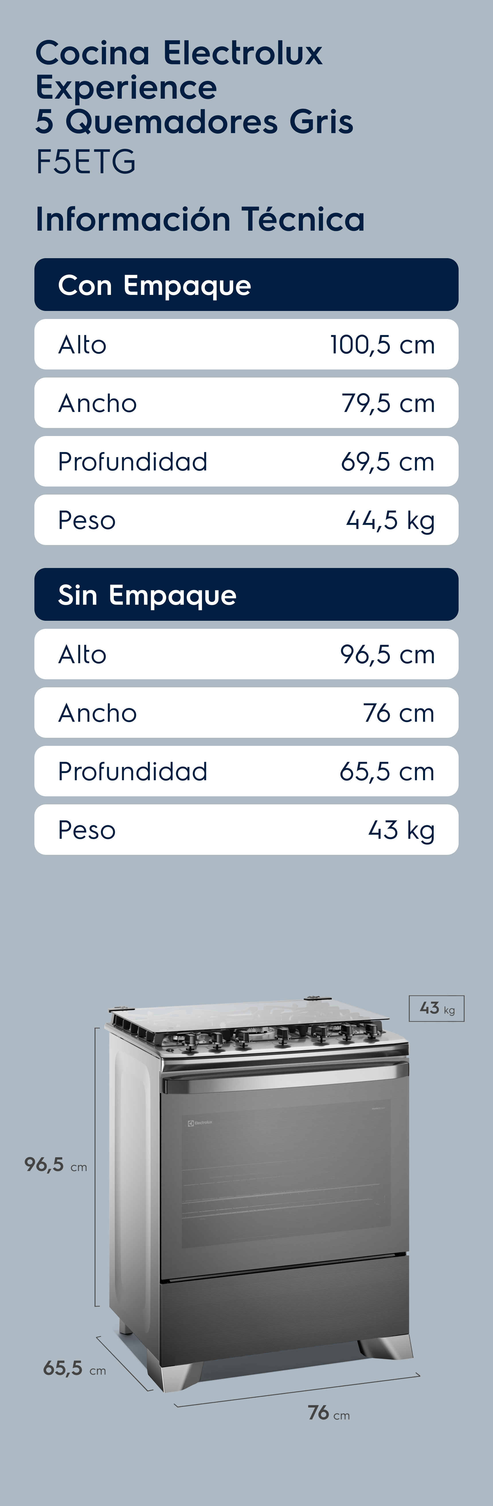 Cocina Electrolux Experience 5 Quemadores Gris F5ETG Información Técnica Con Empaque Alto 100,5 cm Ancho 79,5 cm Profundidad 69,5 cm Peso 44,5 kg Sin Empaque Alto 96,5 cm Ancho 76 cm Profundidad 65,5 cm Peso 43 kg