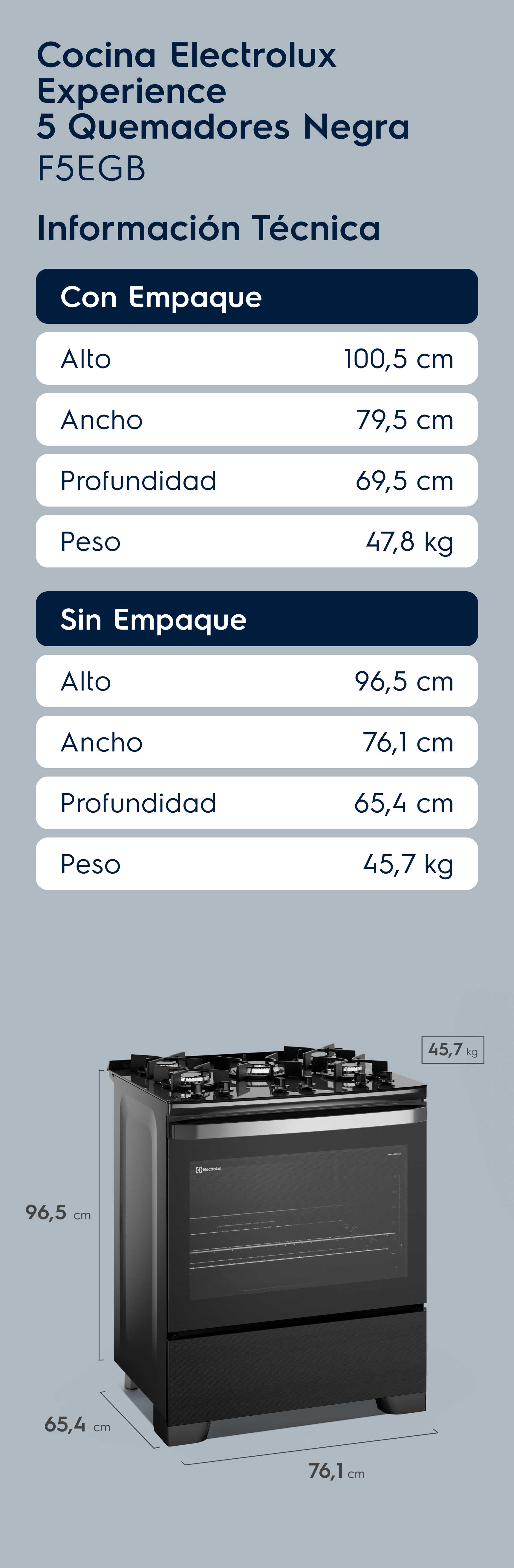 Cocina Electrolux Experience 5 Quemadores Negra F5EGB Información Técnica Con Empaque Alto 100,5 cm Ancho 79,5 cm Profundidad 69,5 cm Peso 47,8 kg Sin Empaque Alto 96,5 cm Ancho 76,1 cm Profundidad 65,4 cm Peso 45,7 kg.