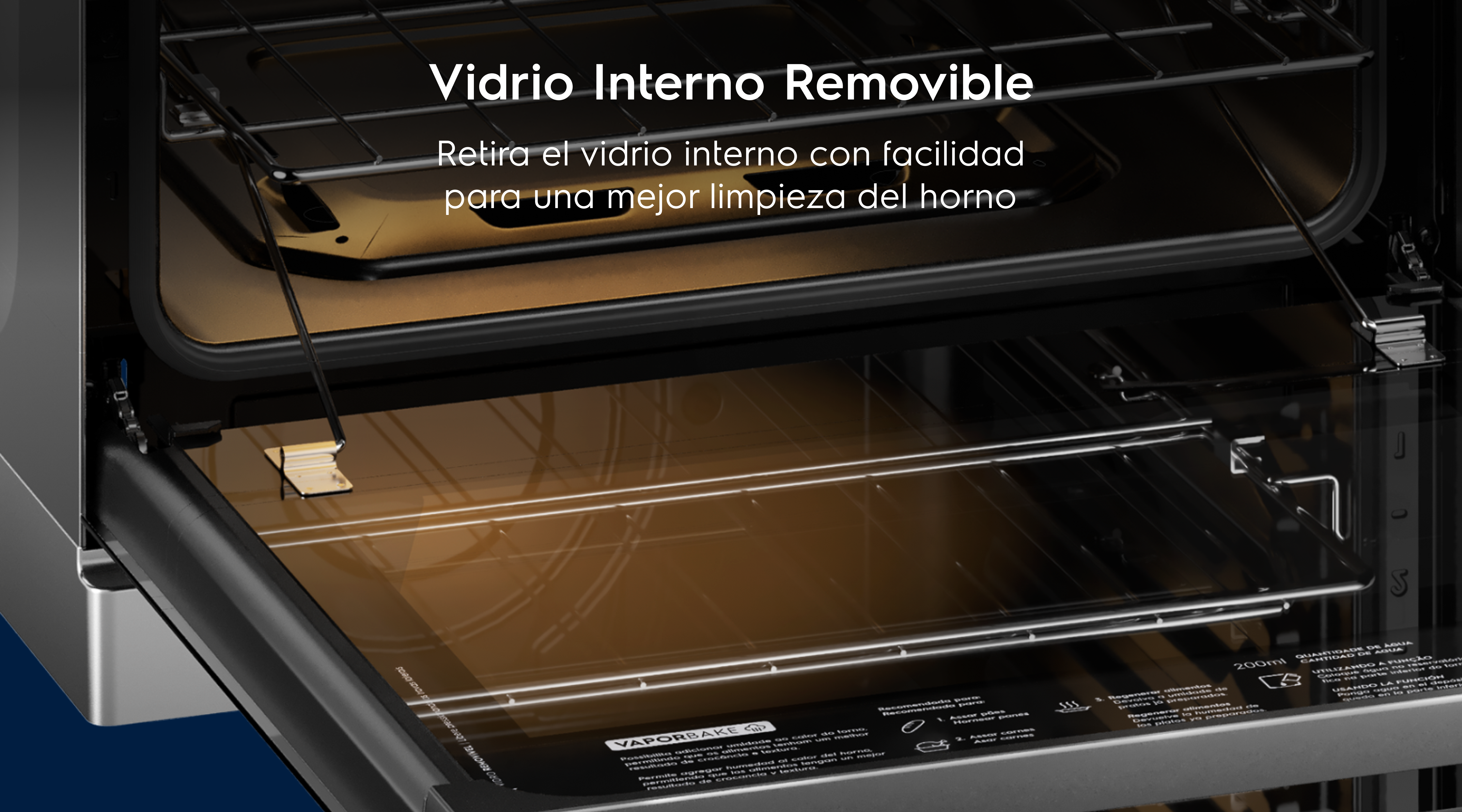 Vidrio Interno Removible  - Retira el vidrio interno con facilidad para una mejor limpieza del horno